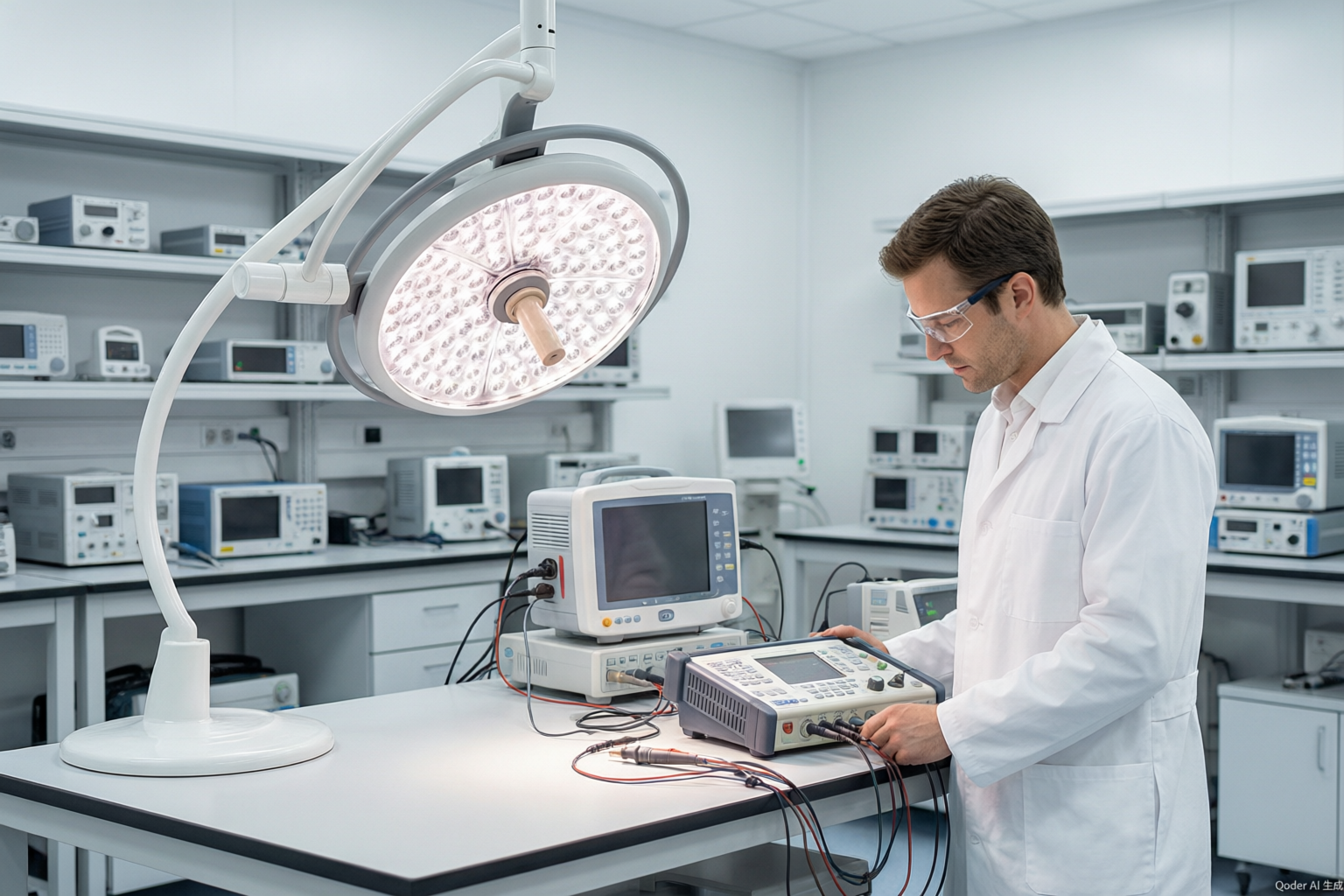 Medical electrical equipment safety testing laboratory with engineer testing OR equipment