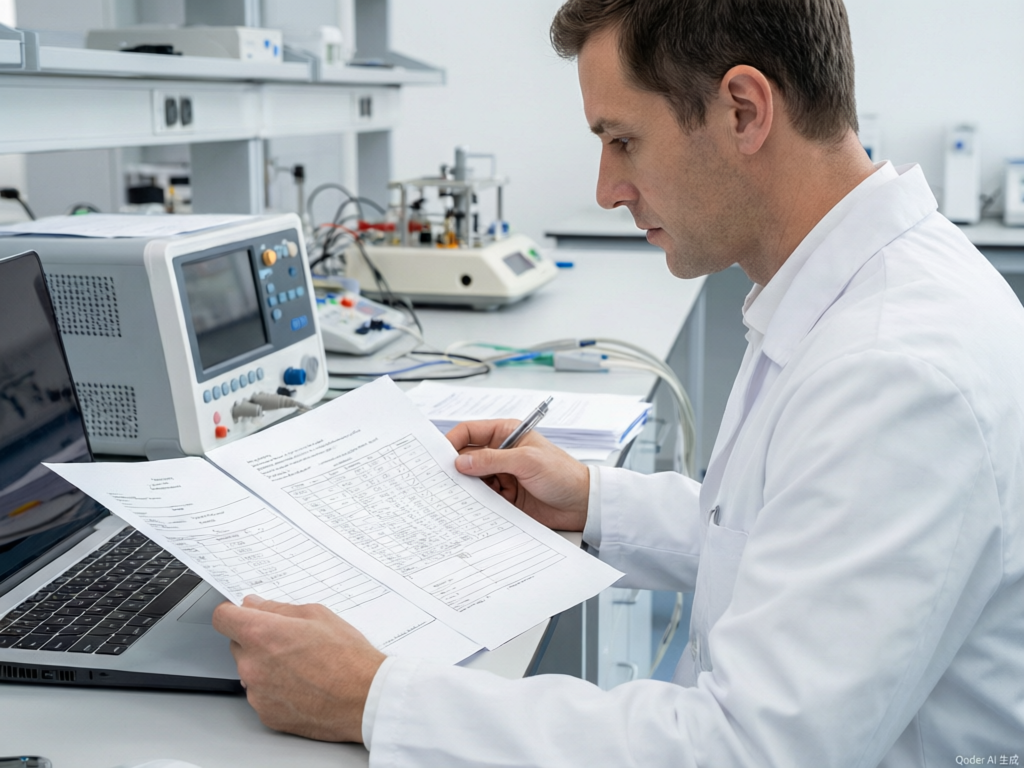 Engineer reviewing an electrical safety report that will be attached to a repeat order continuity schedule for an operating table fleet