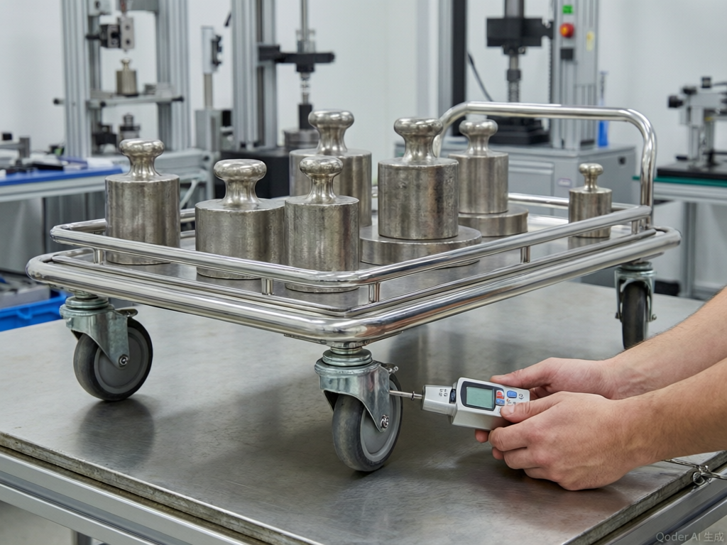 Factory load test of a stainless steel medical trolley with weighted test platform and force gauge