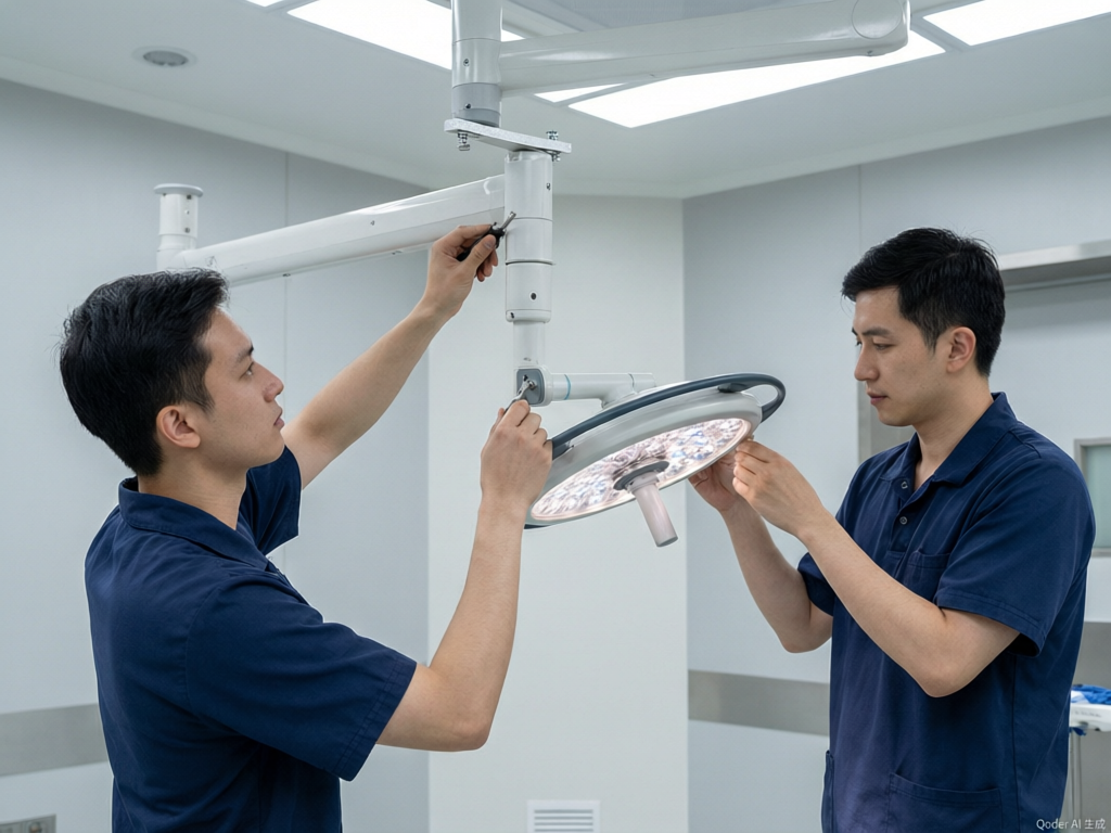 Biomedical technicians installing a ceiling-mounted LED surgical light in an operating room during the restricted zone commissioning phase
