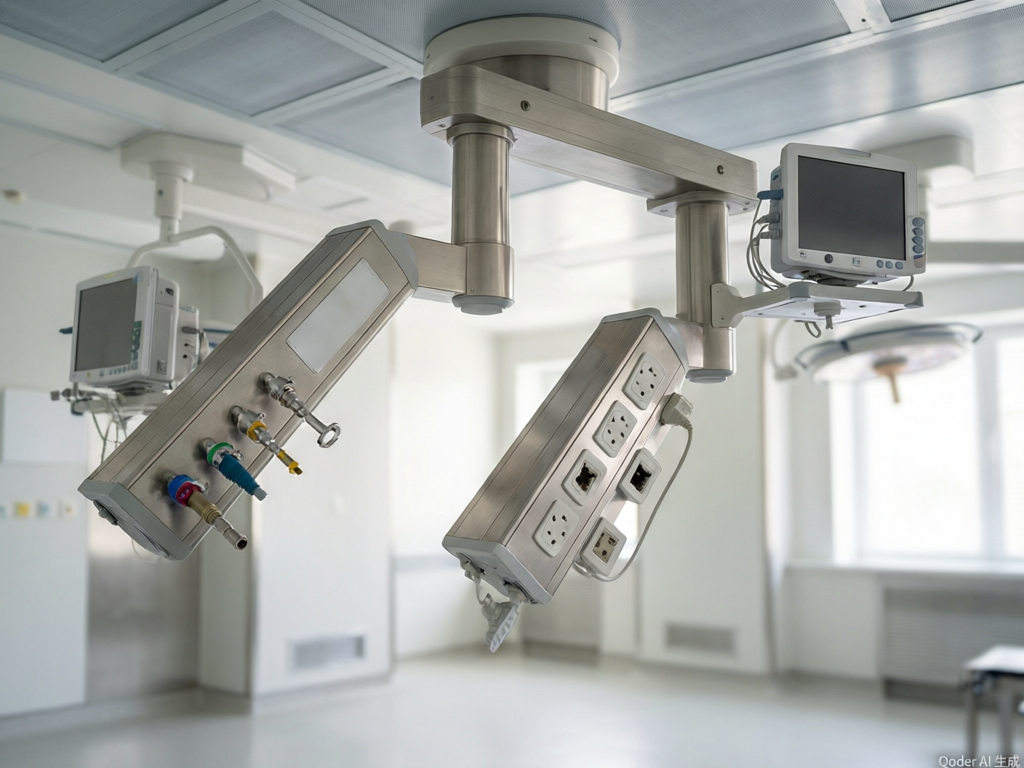 Ceiling-mounted medical pendant tower with gas outlets and patient monitor in a modernized operating room showing the restricted zone configuration
