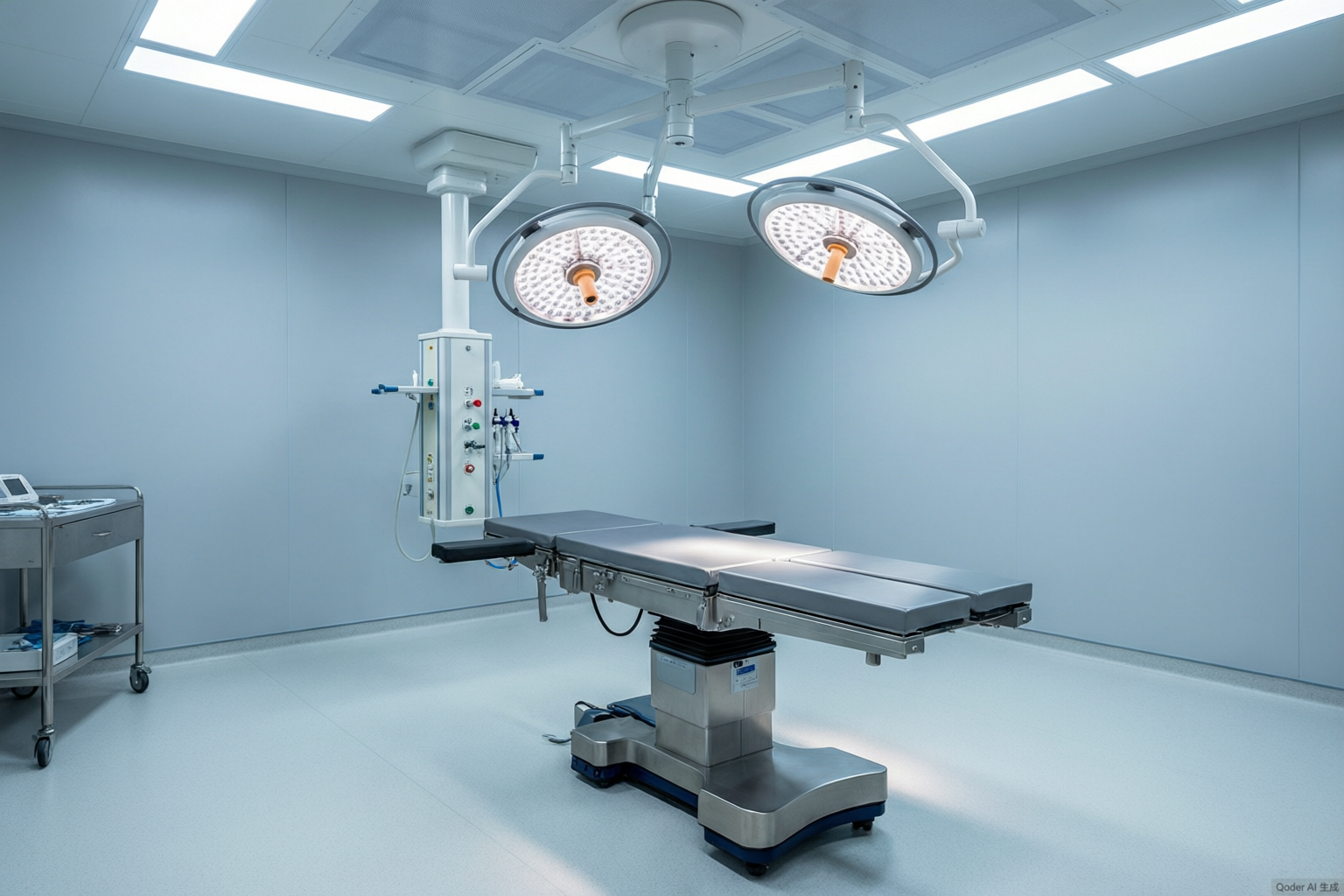 Modernized hospital operating room suite with LED surgical light, operating table, and medical pendants after phased upgrade