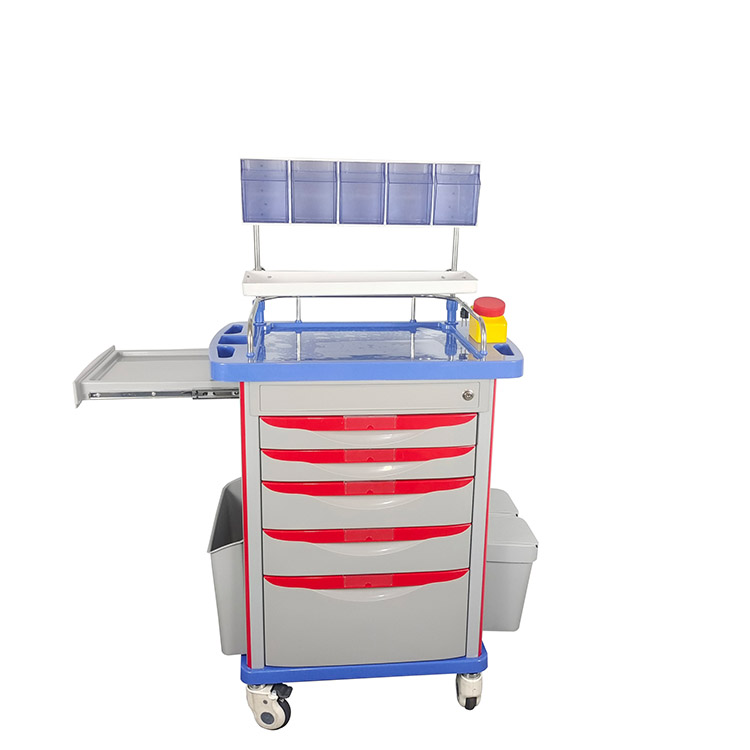 ABS emergency crash trolley with breakaway lock seal and defibrillator shelf