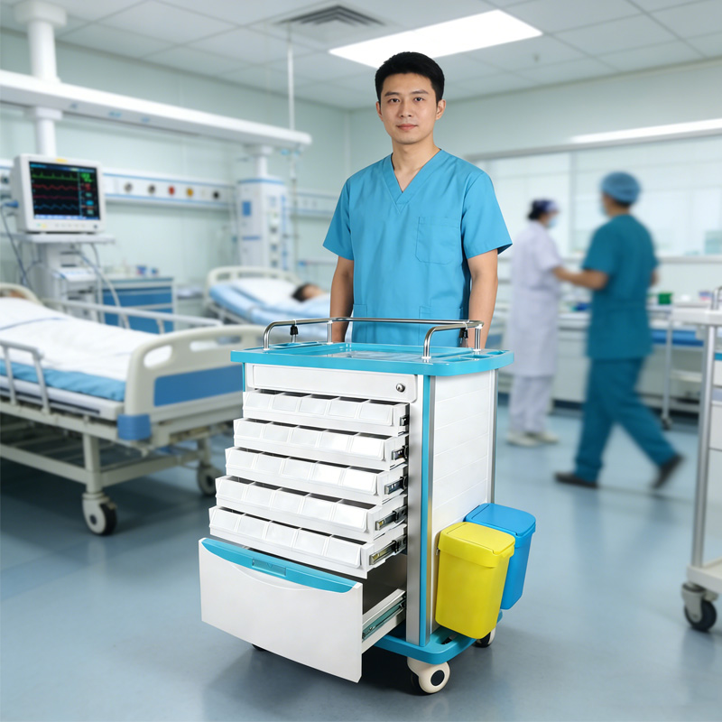 Chariot d'urgence ABS pour arrêt cardiaque nécessitant une désinfection entre chaque utilisation après chaque événement de réanimation