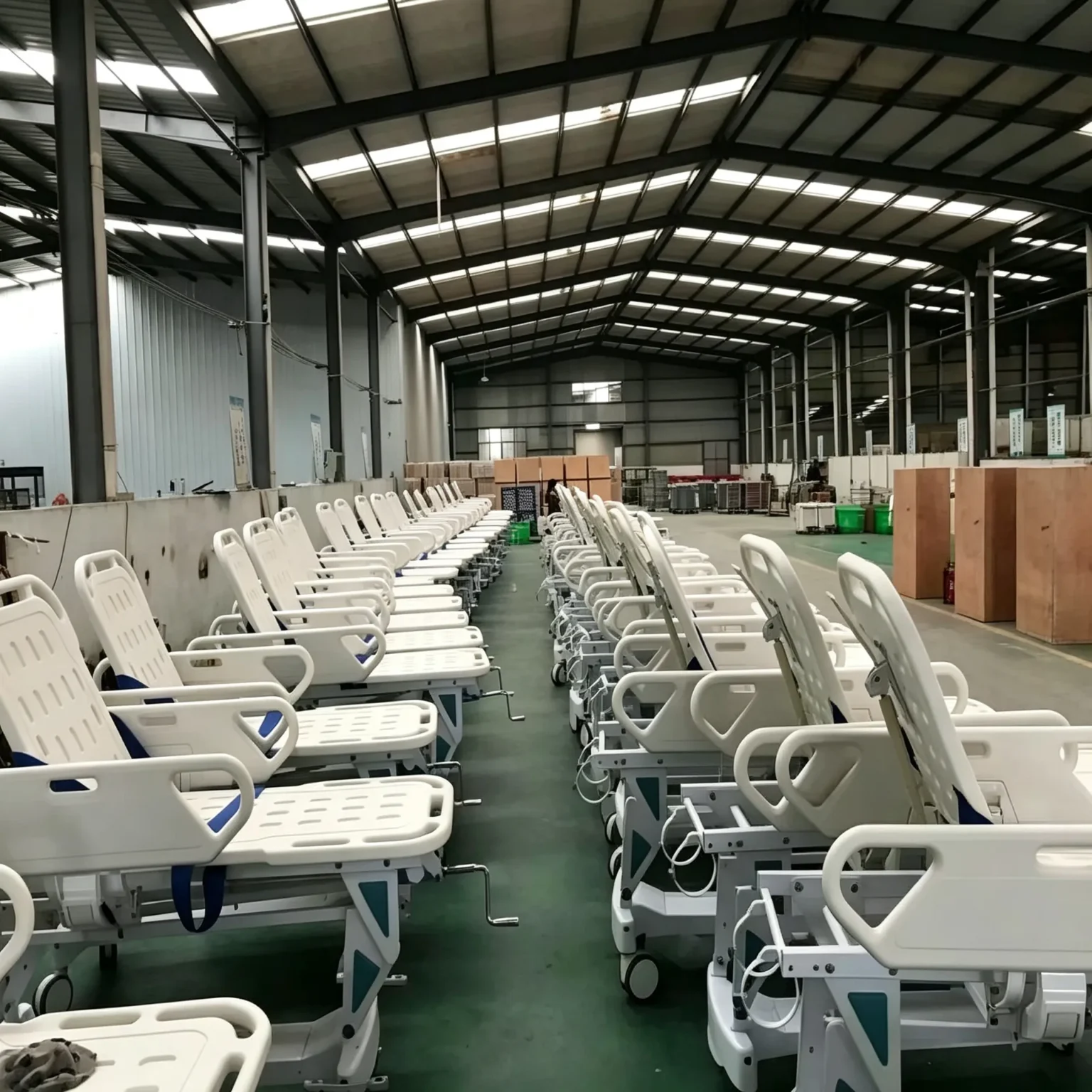 Hospital bed frames on the robotic welding and assembly production line at Sanyang factory