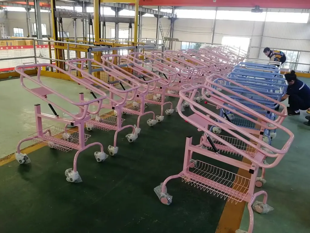 Finished medical trolleys staged in factory warehouse ready for export shipping