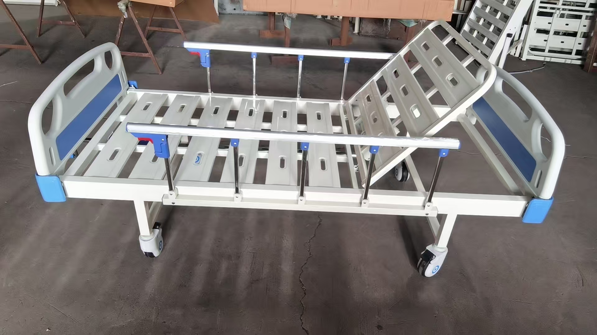 Multi-section hospital bed mattress showing contoured support zones