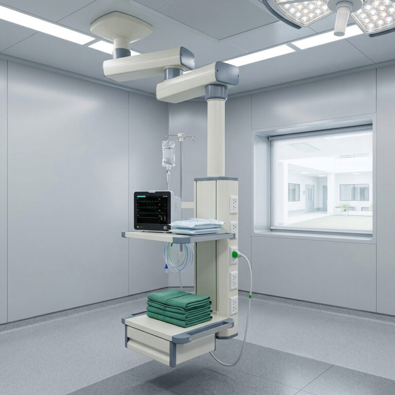 Guía de configuración de columnas médicas: brazos, tomas y accesorios