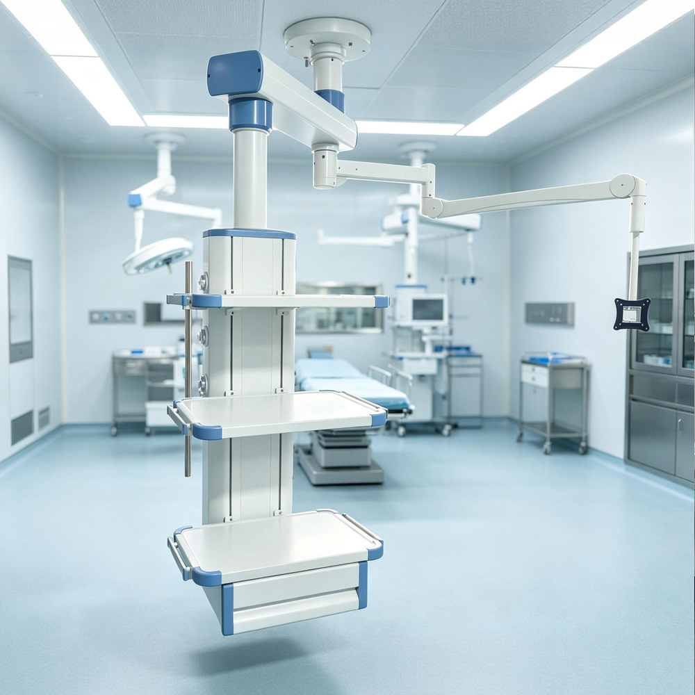 Close view of a medical pendant service column with gas outlets and electrical sockets