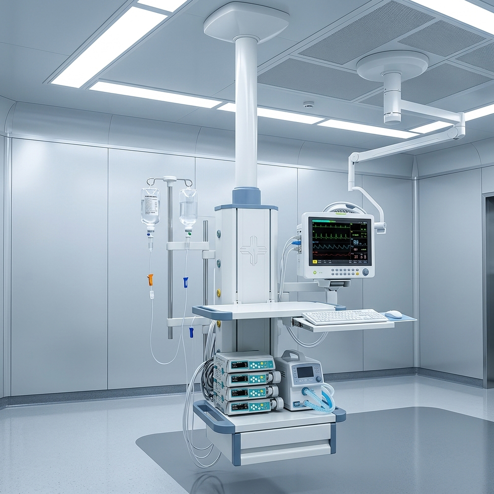 Anesthesia pendant column in an operating room with four infusion pumps loaded on one equipment shelf, a patient monitor on an arm and the gas outlets on the column, the shelf elevations a schedule has to fix