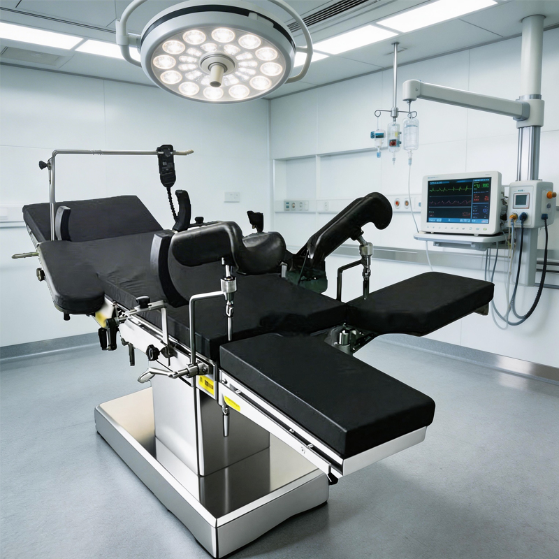 Close view of an electric operating table column where the control receiver and backup panel are located