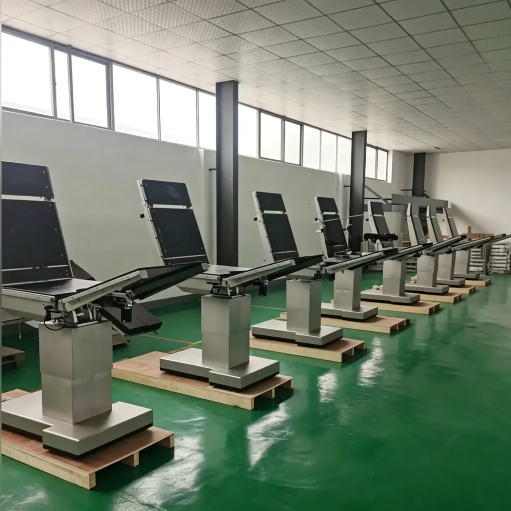 Operating table production line inside Sanyang Medical factory showing assembly stations and quality control area