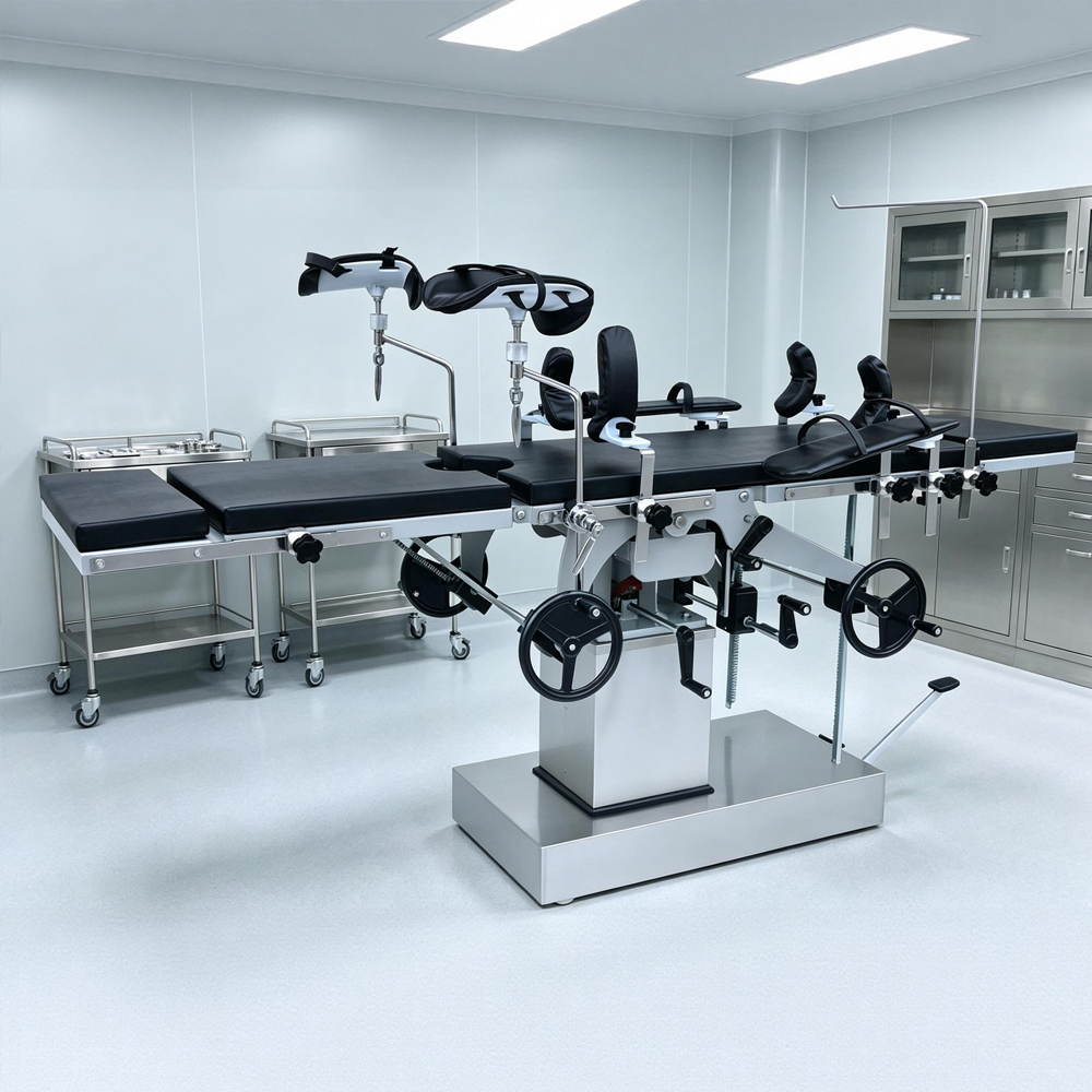 Hydraulic operating table with foot pump and base column where lift cylinder and seals are serviced