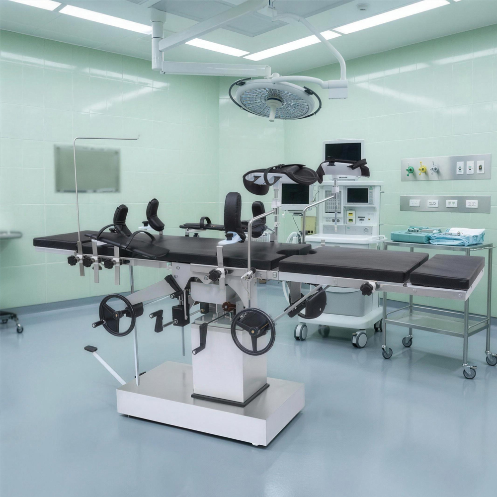 Hydraulic operating table with side rail and accessory mounting points in a hospital operating room