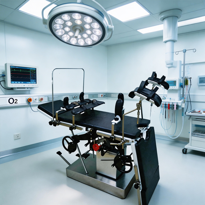 Hydraulic operating table in a hospital theatre undergoing preventive maintenance inspection
