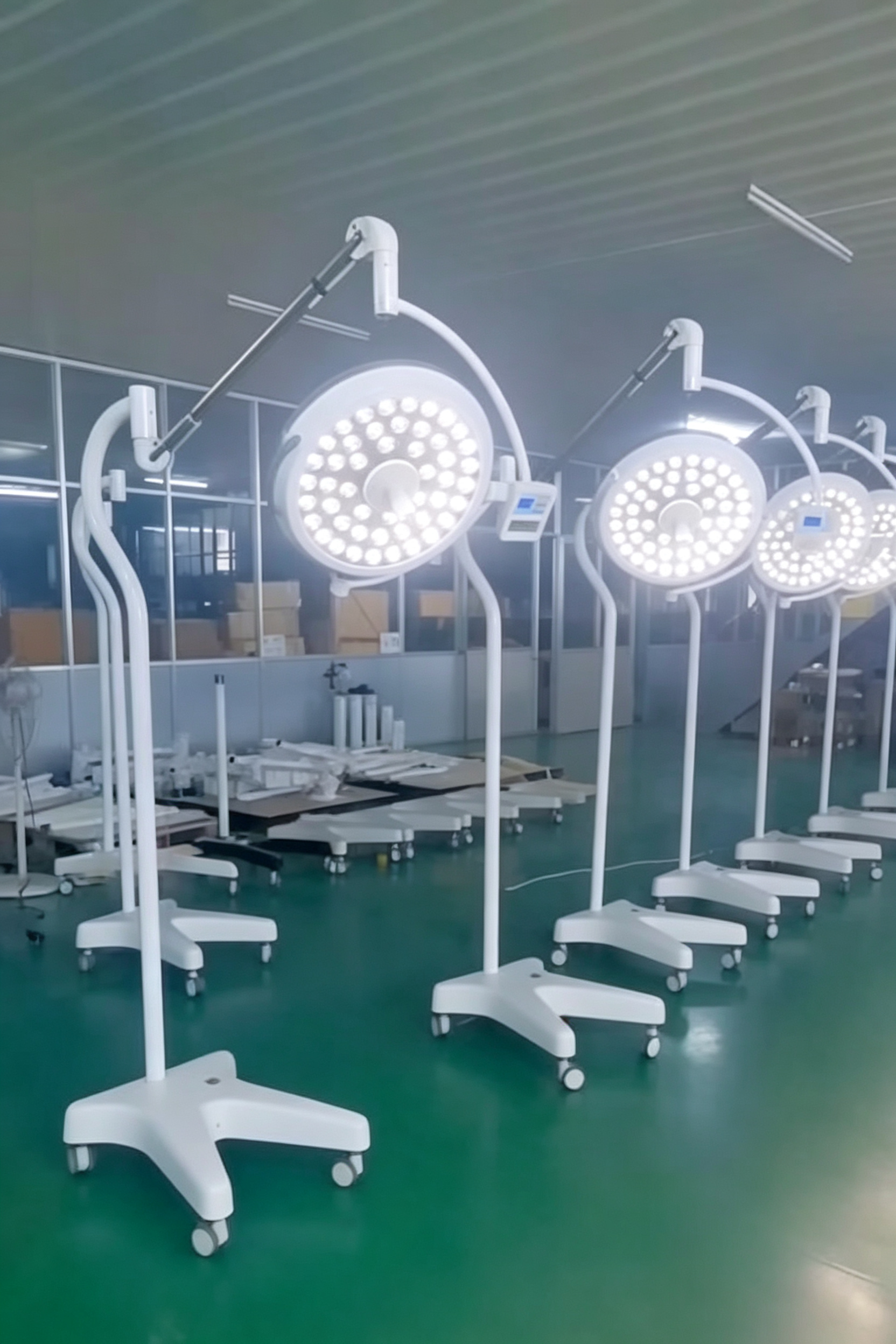 Surgical light components and sub-assemblies staged in the Sanyang Medical factory warehouse