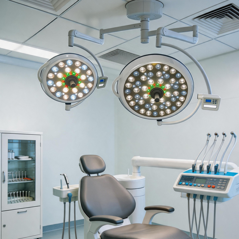 Sanyang Medical dual head surgical light arm assembly and ceiling mount detail